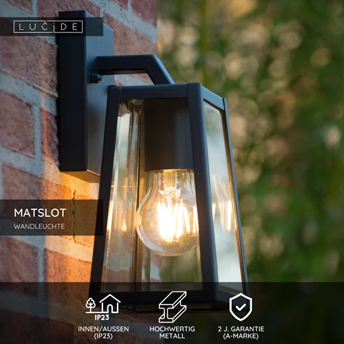 Lucide MATSLOT - Wandleuchte Innen/Außen - 1xE27 - IP23 - Schwarz - USP